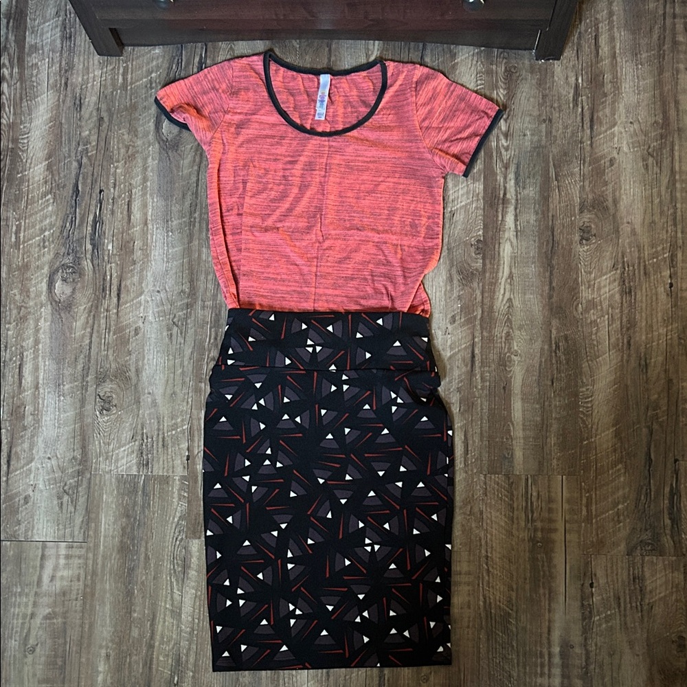 LuLaRoe Set - Black and Red Patterned Pencil Skirt and Red Top